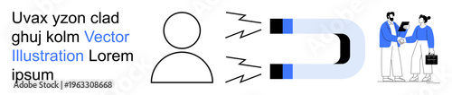 Customer retention, business growth, audience targeting, marketing strategies, professional connections, consumer behavior. Magnet attracting a person and handshake scene. Customer retention