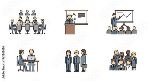 Business professionals engage in a meeting presentation at a conference with coworkers.