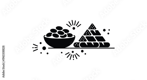 Traditional bakery products and bowl of snacks black and white vector illustration for healthy food menu and catering business branding isolated on white background