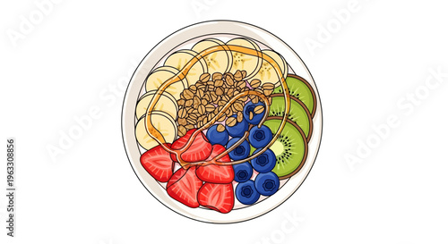 A vibrant illustration of a bowl filled with sliced bananas strawberries blueberries kiwi and granola