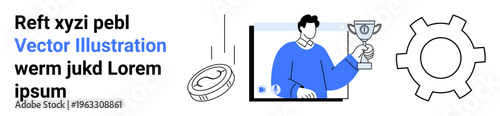 Man celebrating achievement holding a trophy, accompanied by a coin, gear icon, and digital screen. Ideal for success, productivity, career growth, achievement, goals technology simple landing page