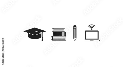 Online education symbols with graduation cap and laptop