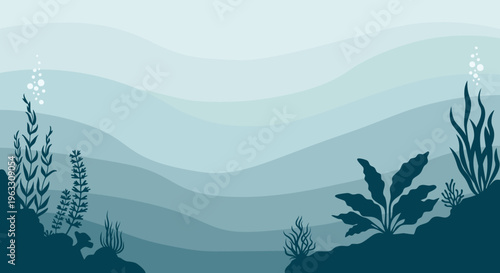 Submerged landscape with layered blues and silhouetted aquatic plants.