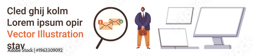 Email communication, business analysis, office tools, workspace setup, remote work, digital innovation. Businessman stands near magnifying glass with email icon and computer screens. Email