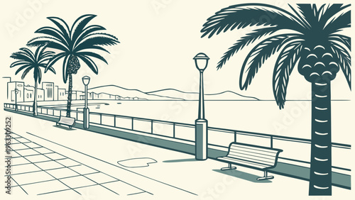 Palm-Lined Coastal Promenade with Benches Spain Flat Vector Illustration