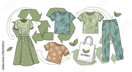 Eco friendly fashion illustration of clothes and bag with recycling symbol around.