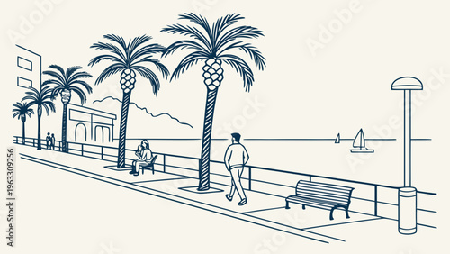 Palm-Lined Coastal Promenade with Benches Spain Flat Vector Illustration