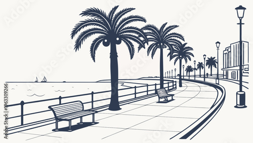 Palm-Lined Coastal Promenade with Benches Spain Flat Vector Illustration