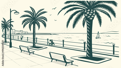 Palm-Lined Coastal Promenade with Benches Spain Flat Vector Illustration