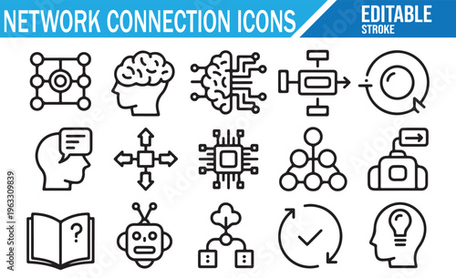 Simple outline AI and network icons collection with modern technology elements