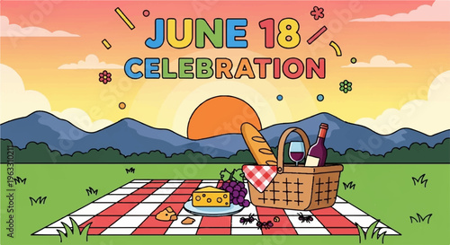 Colorful picnic setup with food and drinks on red and white checkered blanket in green field at sunset with mountains