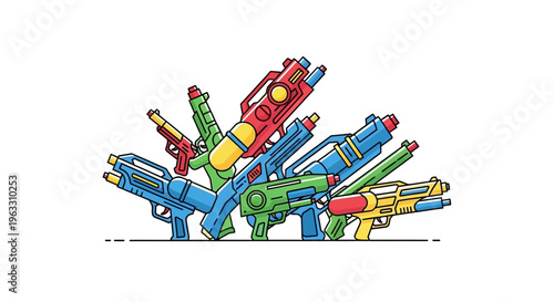 Collection of colorful water guns piled together.