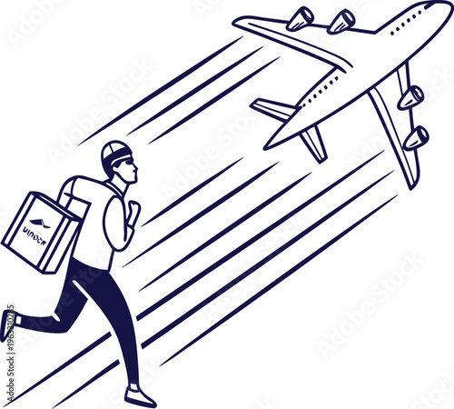 A cartoon businessman gives a success check mark sign near a silhouette plane and airplane vector illustration of a professional work concept