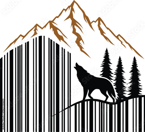 Black silhouette illustration of a wild wolf howling at the moon and a dog by a fence in a nature wildlife drawing