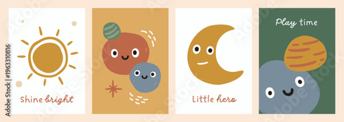 A set of cute posters with a phrase and illustrations featuring galaxy elements