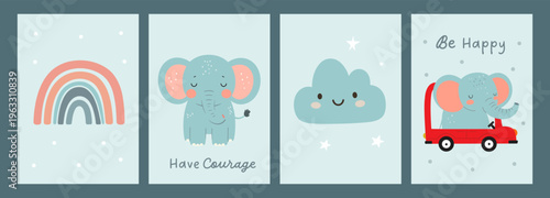 Cute elephant illustration with motivational phrase in soft nursery style