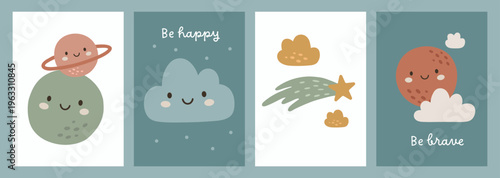 A set of cute posters with a phrase and illustrations featuring sky elements.