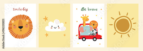 Cute safari animals illustration with motivational phrase in soft nursery style