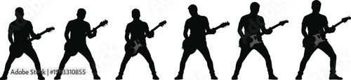 Silhouette of Guitarist Playing Electric Guitar in Various Dynamic Rock Music Poses, Live Performance, Band Music Concert Vector IllustrationSilhouette of Guitarist Playing Electric n