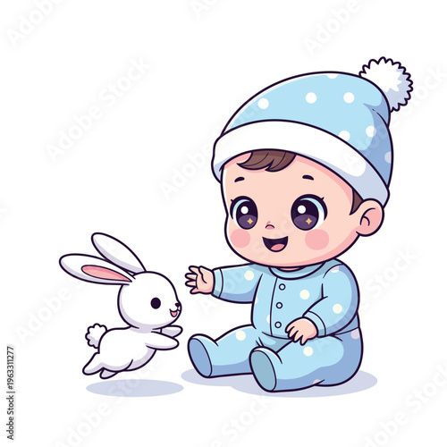 Cute Baby Playing with Little Bunny Cartoon Toddler Playtime Illustration Isolated on White