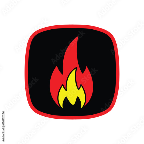 Fire flame icon vector illustration, red and yellow flame on black rounded square with red border, isolated on white background. Representing heat, danger, or energy.