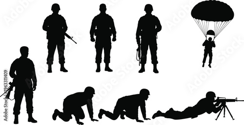 Black silhouettes of soldiers in various positions with guns and parachute on white background