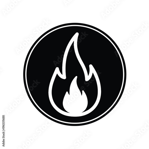 Black and white fire flame icon vector illustration, outline flame inside black circle, isolated on white background. Minimalist design for representing heat or warning.