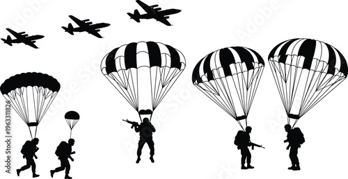 Black silhouettes of soldiers parachuting with guns and planes flying overhead parachutes