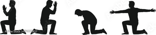 Silhouette of man in various kneeling poses showing prayer, meditation, reflection, surrender, strength, peace, and spiritual freedom vector illustration