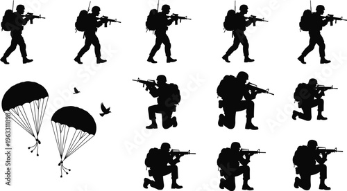Black silhouettes of soldiers with guns and parachutes on white background