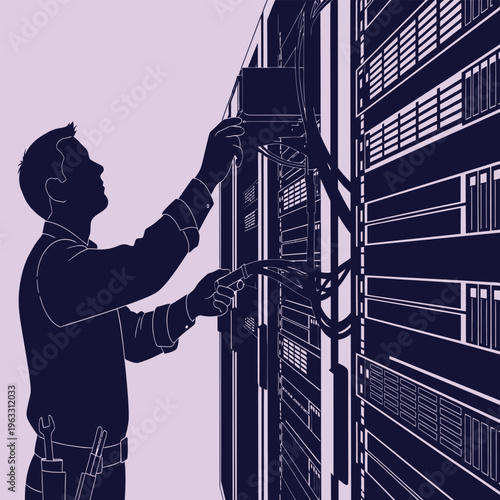 IT technician silhouette working in data center server room, network engineer managing hardware cables, professional system administrator vector illustration