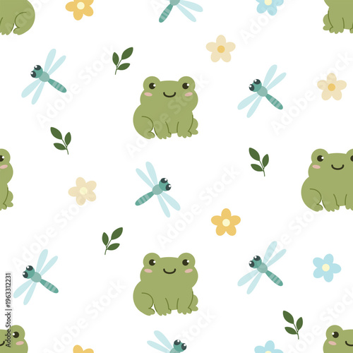 Green frog and dragonfly seamless pattern