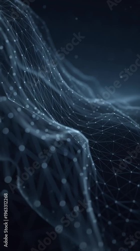 Network, Connection and Data Visualization in a Futuristic Abstract Landscape with Digital Nodes Forming Complex Structures and Glowing Lines. Technology, Innovation and Artificial Intelligence with