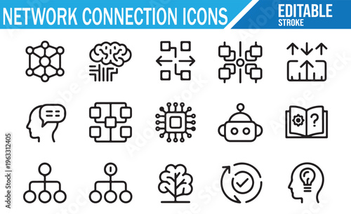 Minimal outline AI icons set with machine learning and cloud technology symbols