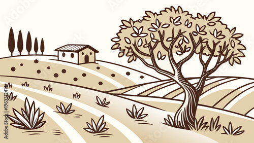 Olive Farm Landscape with Rustic House Flat Vector Illustration