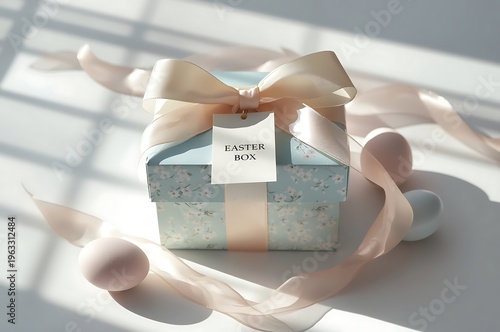 Elegant gift box tied with ribbon and surrounded by pastel eggs, soft lighting and shadows, delicate presentation, Still Life, Flat Lay, Gift Wrapping