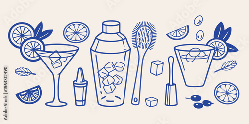 Blue line art illustration featuring cocktails citrus and bar tools
