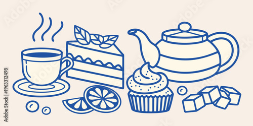 A charming blue line drawing of tea cake and sweet treats