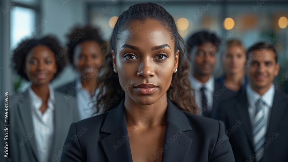 Fototapeta premium Confident black businesswoman leading diverse corporate team, professional female executive in office, multiethnic business people in formal suits
