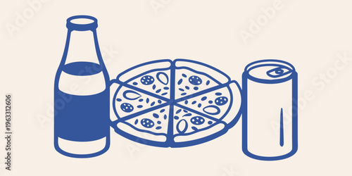 A simple blue line drawing of pizza soda and a bottle
