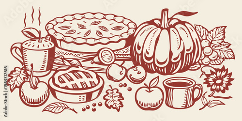 Autumn harvest illustration featuring pumpkins pies apples and warm beverages