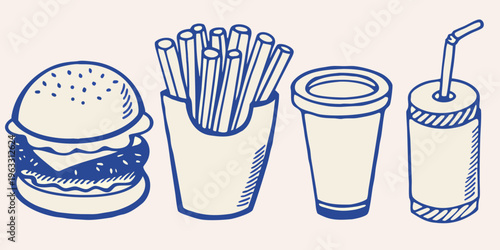 A simple blue line illustration depicting a burger fries drink and ketchup