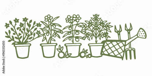 A simple illustration of potted plants and gardening tools in green