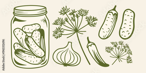 A vintage style illustration of pickles dill and garden vegetables