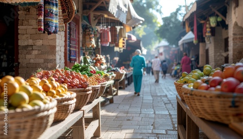 Vibrant Moroccan Souk Market with Fresh Produce and Local Shoppers.