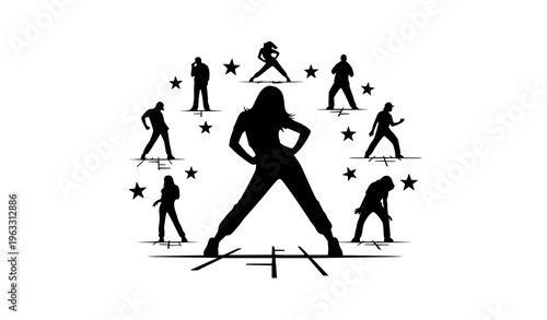 Star dancer center with group dance floor silhouettes young men and women choreography flat vector illustration
