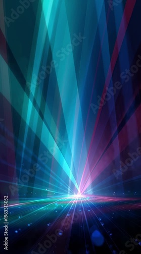 Light beams, abstract design and futuristic technology for digital innovation, energy flow and vibrant visual effects with glowing particles converging at center point in dark space. Spectrum