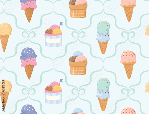 Cute ice cream seamless pattern. can be use for wallpaper , backdrop, seamless textile wrapping, suit for summer , icecream shop, vector illustration 