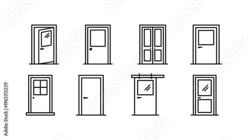 Collection of various door icons simple line art different styles isolated on white background