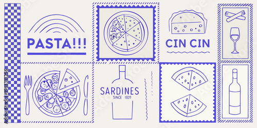Italian food themed collage with pasta pizza and wine illustrations